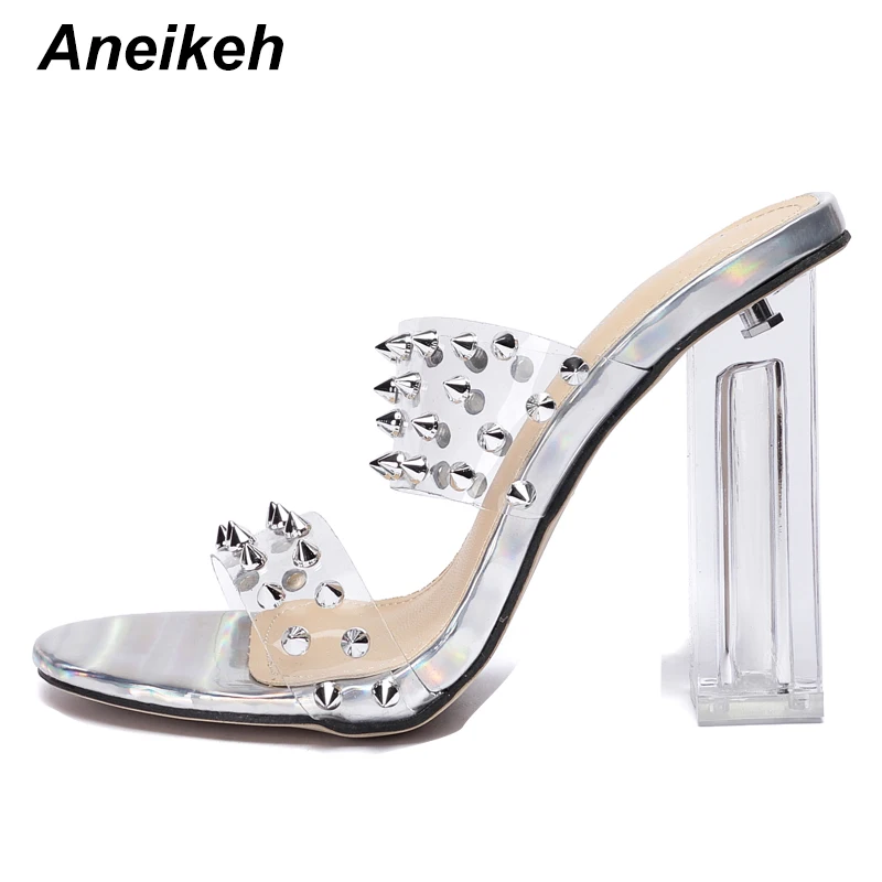 Aneikeh/NEWSummer 2021 ПВХ пикантные женские кожаные туфли с заклепками Модные босоножки