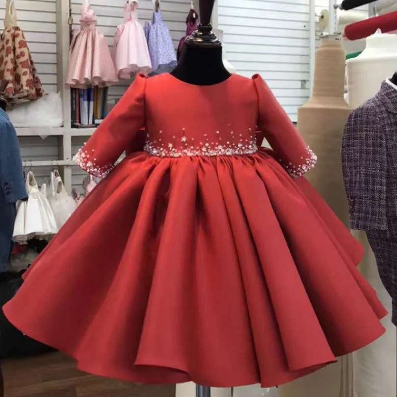 

Baby Clothing For Baptism Birthday Party Wedding Princess Ball Gown Beading Design Sweet Cute Red Dress For Girl Vestidos A559