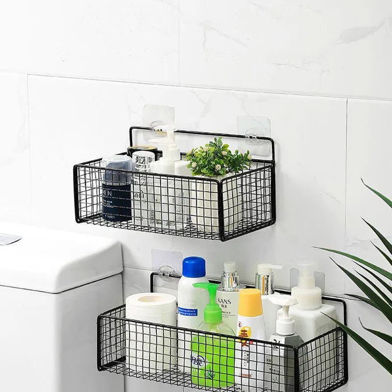 black wall mounted bathroom shelf shower shampoo rack toilet accessories kitchen free punch condiment storage basket free global shipping