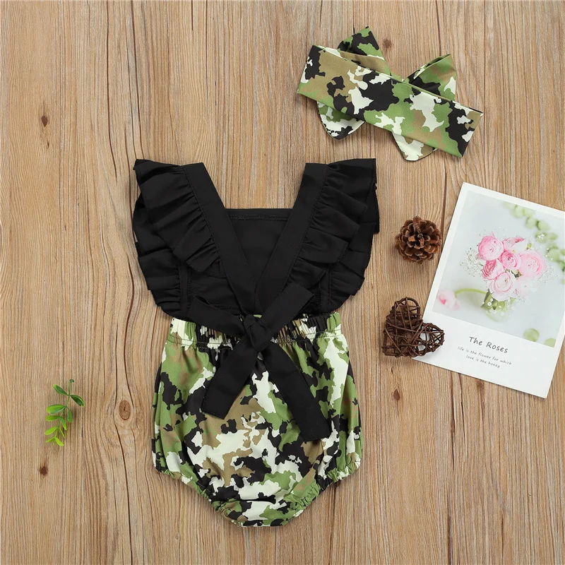 

2Pcs Fashionable Baby Girls Outfit, Toddlers Summer Creative Camouflage Printing Splicing Fly Sleeve Romper + Bow Headwear Set