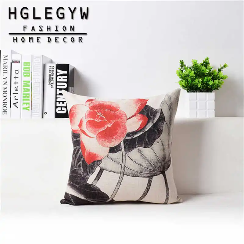 Chinese Style Ink Painting Lotus Sofa Home Decoration Cushion Cover Pillowcase Cotton Linen Printed 45*45 cm Pillow Covers | Дом и сад