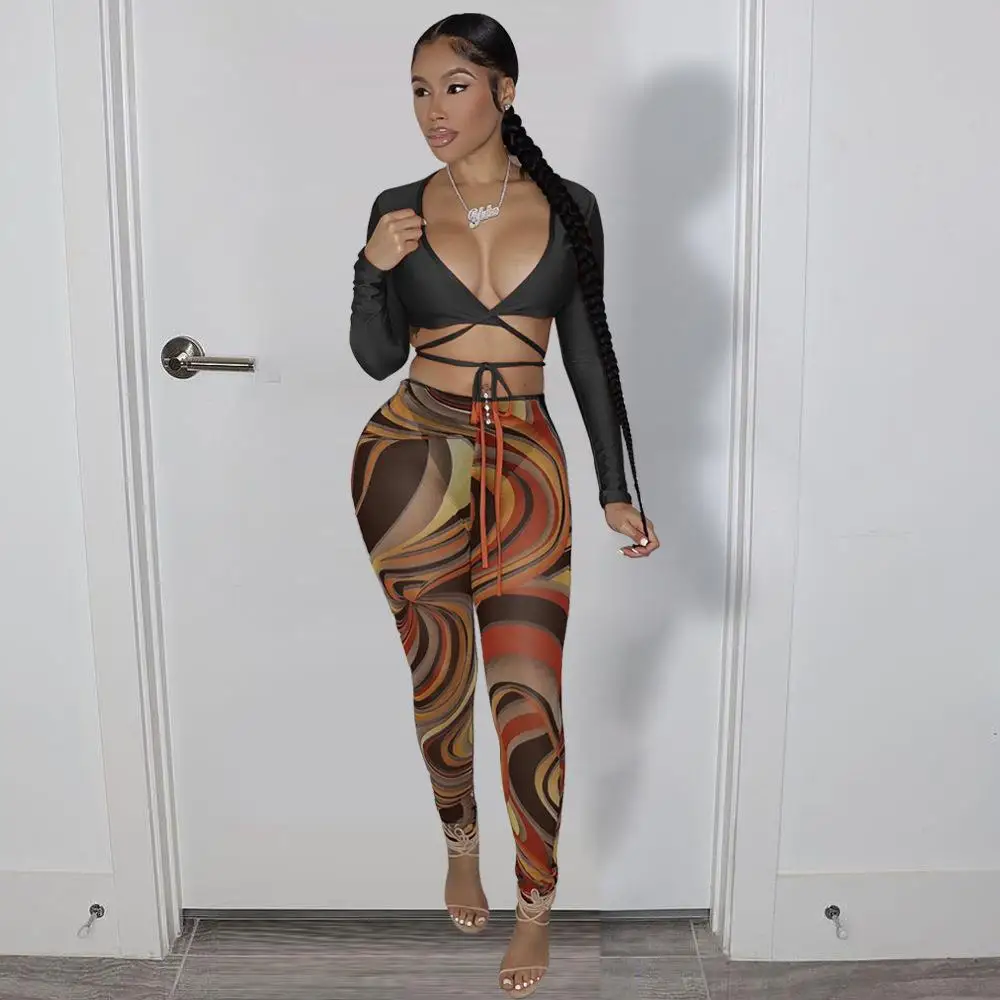 

Sexy Night Party Club 2 Piece Outfit Long Sleeve Deep V Neck Solid Crop Top Lace Up and Printed Bodycon Trousers Stretchy Pants