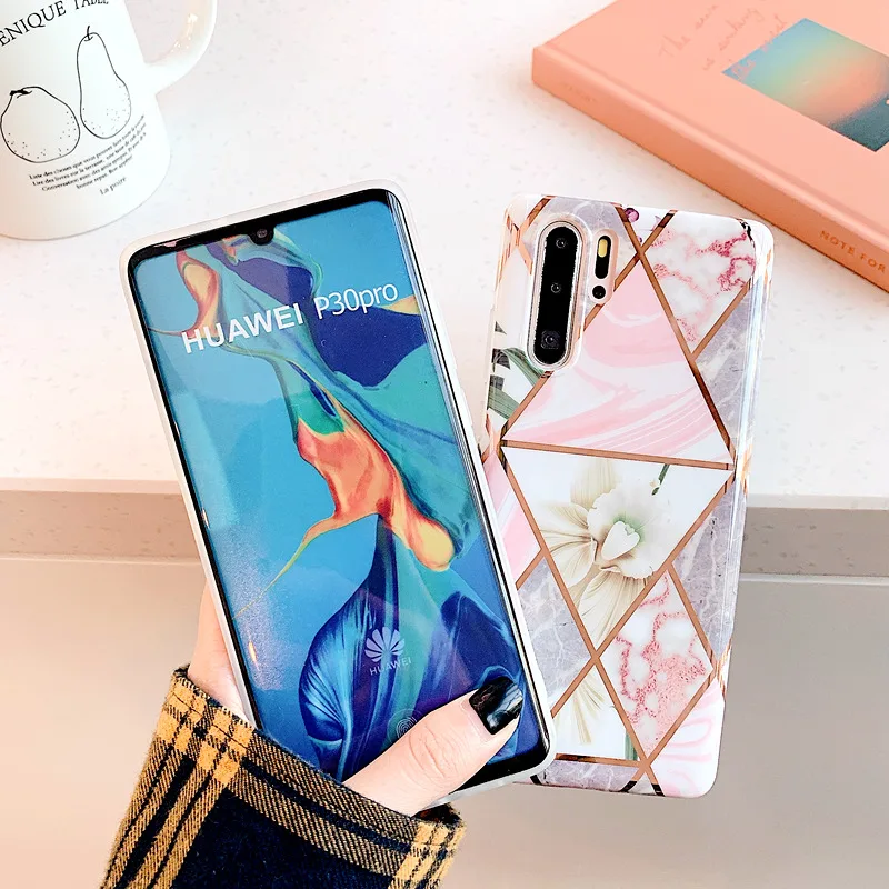 Роскошный чехол с геометрическим покрытием и мраморным цветком для Huawei P20 lite P30 Pro