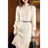 solid color half high neck woolen sweater womens mid length autumn and winter knitted dress korean style fashion waist was thin