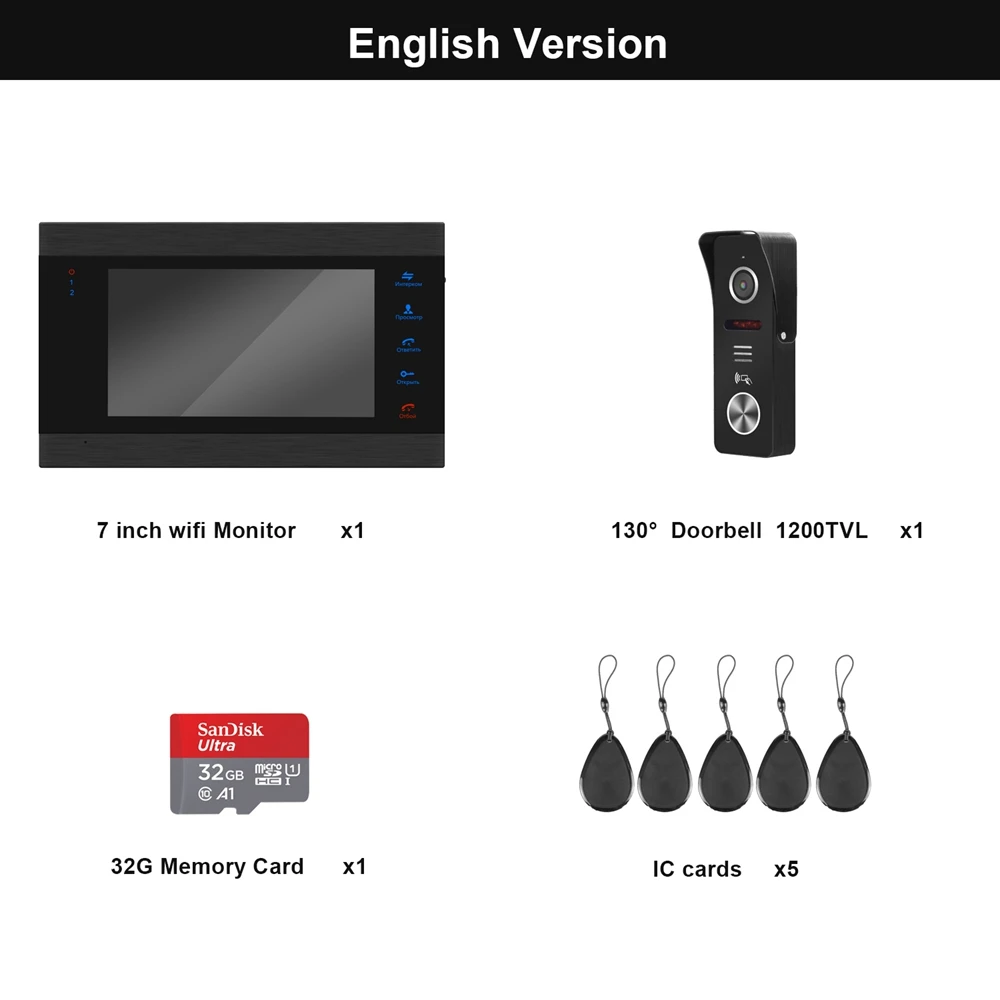 English version HomeFong Комплект видеодомофона с экраном 7 дюймов.Запись видео или фото на SD каарту, дополнительный блок адаптер WI-FI модуль для удаленного доступа и переадресации вызовов на смартфоны - Цвет: English version