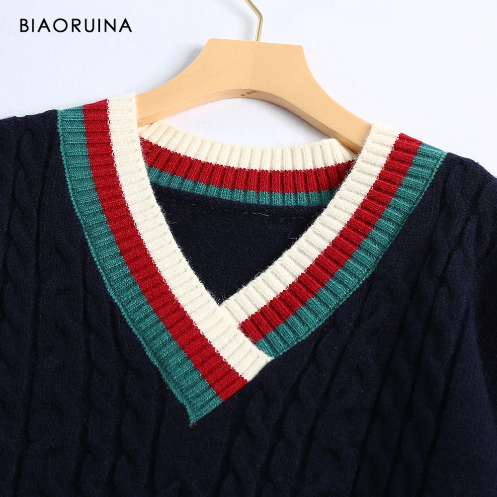 BIAORUINA Women's Fashion V-neck Stripes Contrast Color Oversize Knitted Sweater Office Lady Loose Warm Thick Winter Pullovers | Женская