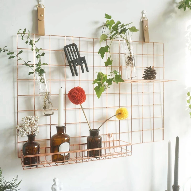 

Wall Grid Panel Display Shelf with Hook,Straight Shelf for Wall Organizer for Home Supplies (2 Pcs,Rose Gold )