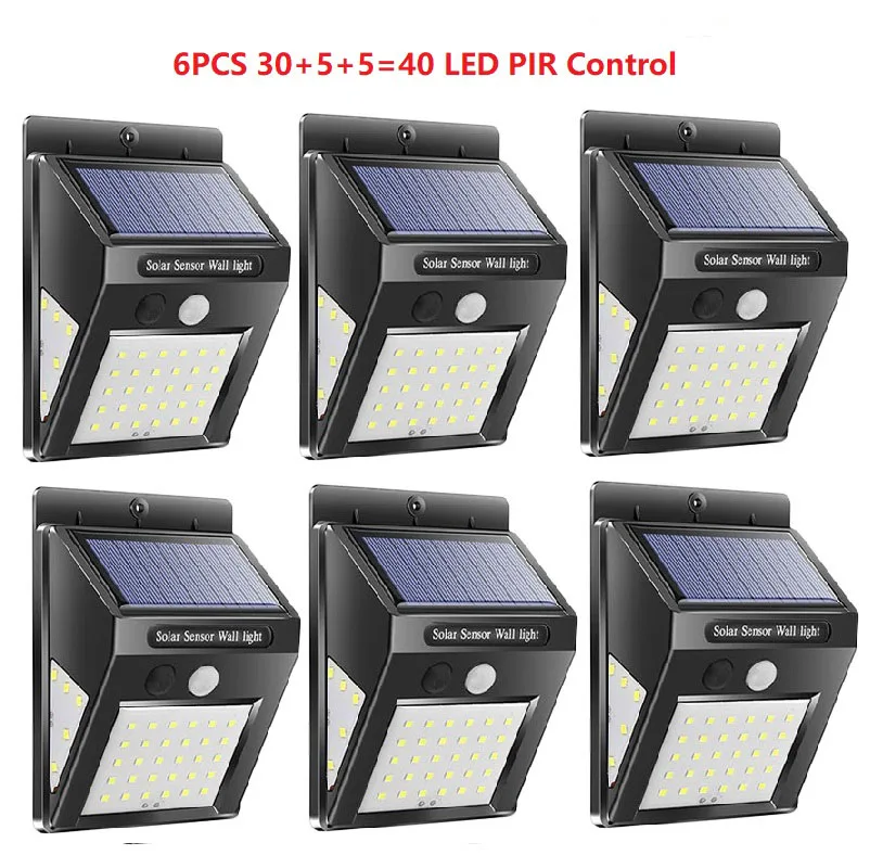 6PCS 40LED 1, 6 штук в партии, 30/40 светодиодный солнечный светильник движения PIR Сенсор Перезаряжаемые светодиодный Солнечный настенный светильник на открытом воздухе Водонепроницаемый шланг для полива огорода, двора, лампы - Испускаемый цвет: 6PCS 40LED