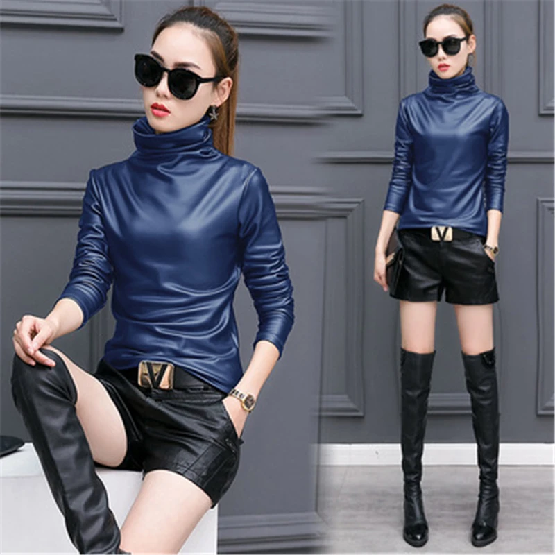 New Spring Autumn Women's Clothing Long Sleeve Turtleneck PU Leather Pullover Fleece Warm 2022 Lady Trendy Tops Female  281