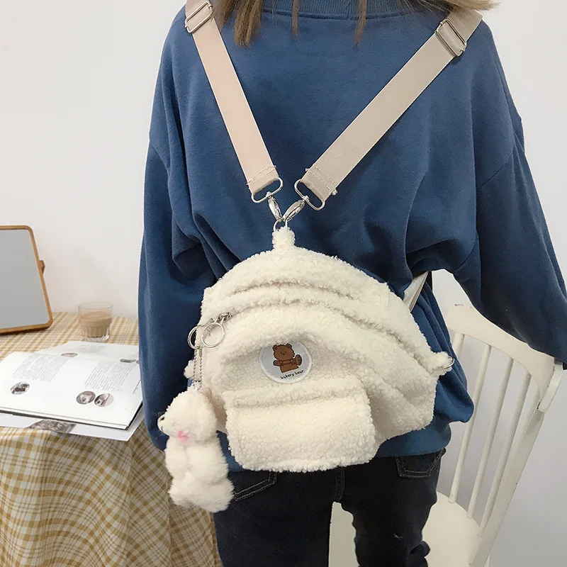 

Women Mini Backpack Female Lamb Like Fabric Shoulder Bag Ladies Cute Kawaii Small Travel Bags Plush Purse for Teenage Girls