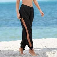 2021 summer womens loose low waist side slit wide leg pants fashion beach vacation breathable solid color boutique trousers new