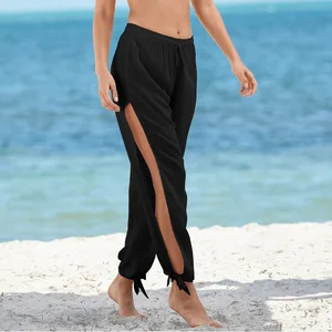 2021 Summer Women's Loose Low Waist Side Slit Wide Leg Pants Fashion Beach Vacation Breathable Solid in Pakistan