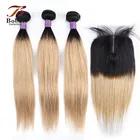 3 пряди с кружевной застежкой средняя часть 200 гкомпл. прямые волосы волнистые 1B 27 Омбре медовая блондинка Реми натуральные волосы Bobbi коллекция