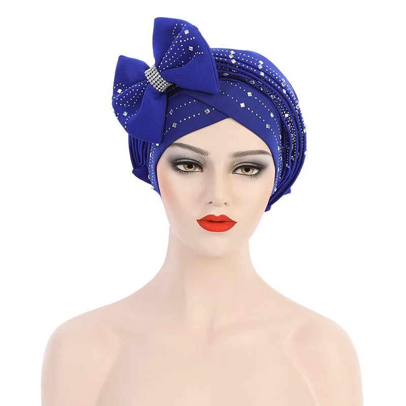 

2022 Cap Bonnet Autumn New Space Layer Hot Rhinestone Laminated with Bow Hat Toque Moslin Hat African Hat Arab Wrap Muslim