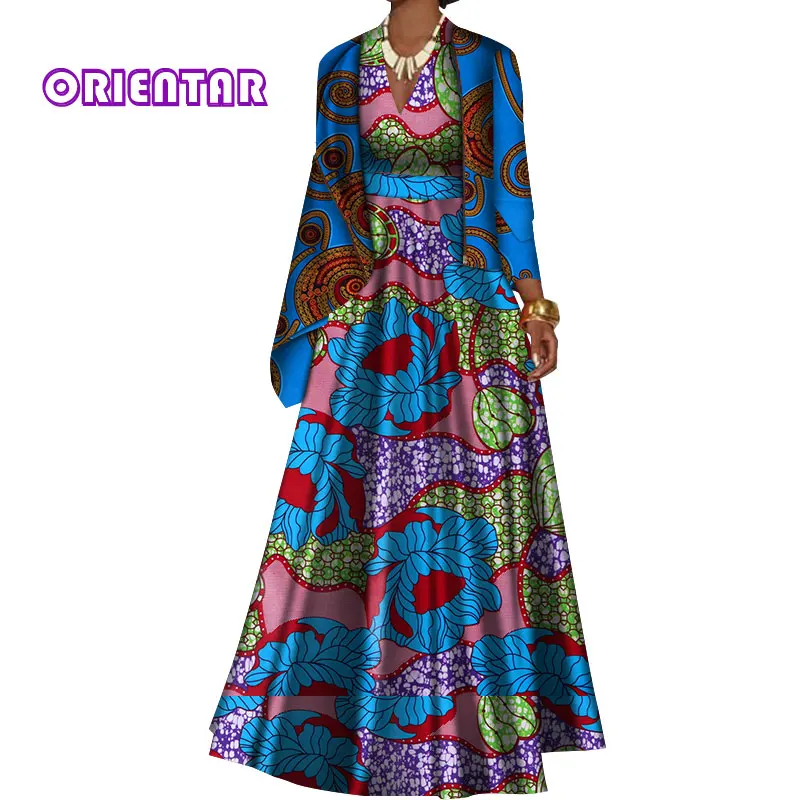 African Clothes For Women Long Dresses with Jacket Coat Bazin Riche African Print Elegant Deep V Neck Evening Party Dress WY491