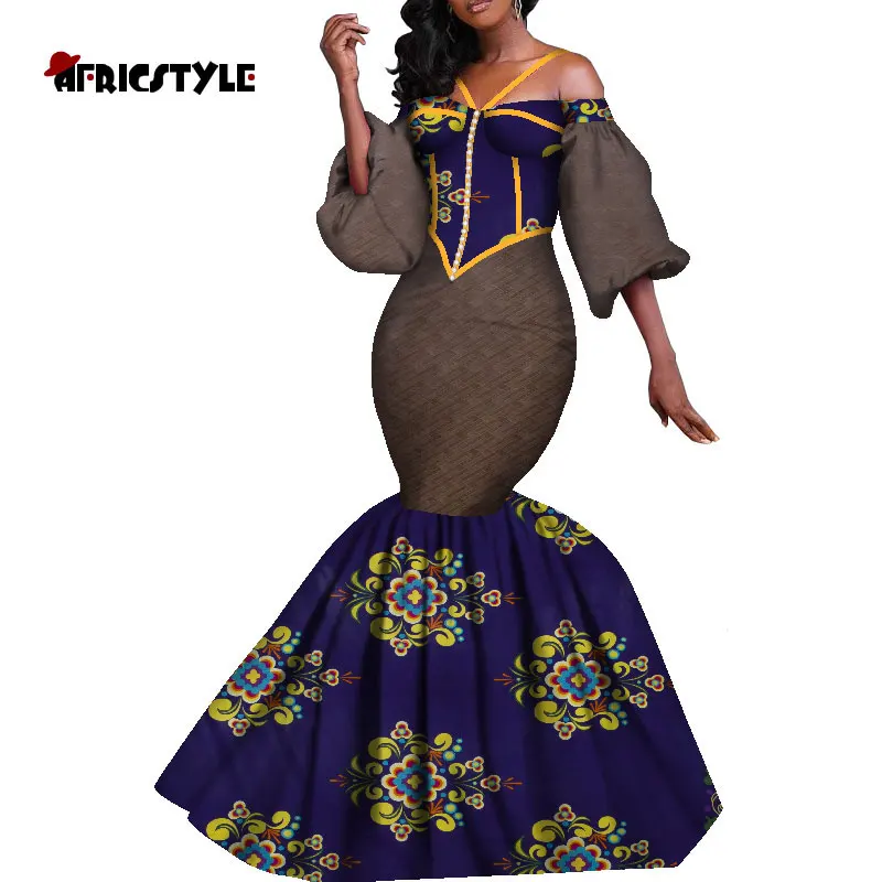

African Dresses for Women Bazin Riche Traditional Wax Floral Print Long Mermaid Sexy Dress African Clothing Dashiki Party Wear