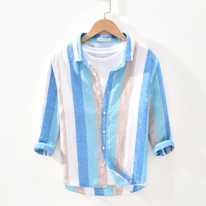 

Рубашка мужская в Вертикальную Полоску, с рукавом три четверти, весна-лето