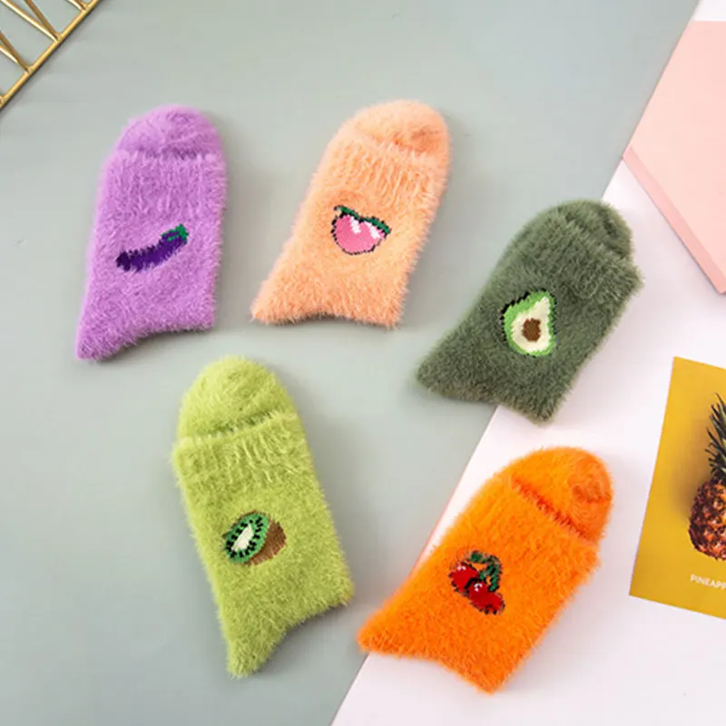 

Autumn Winter Fluffy Socks Imitated Mink Cashmere Women Thicken Socks Fruit Embroidery Printing Socks Breathable Soft Warm Sock