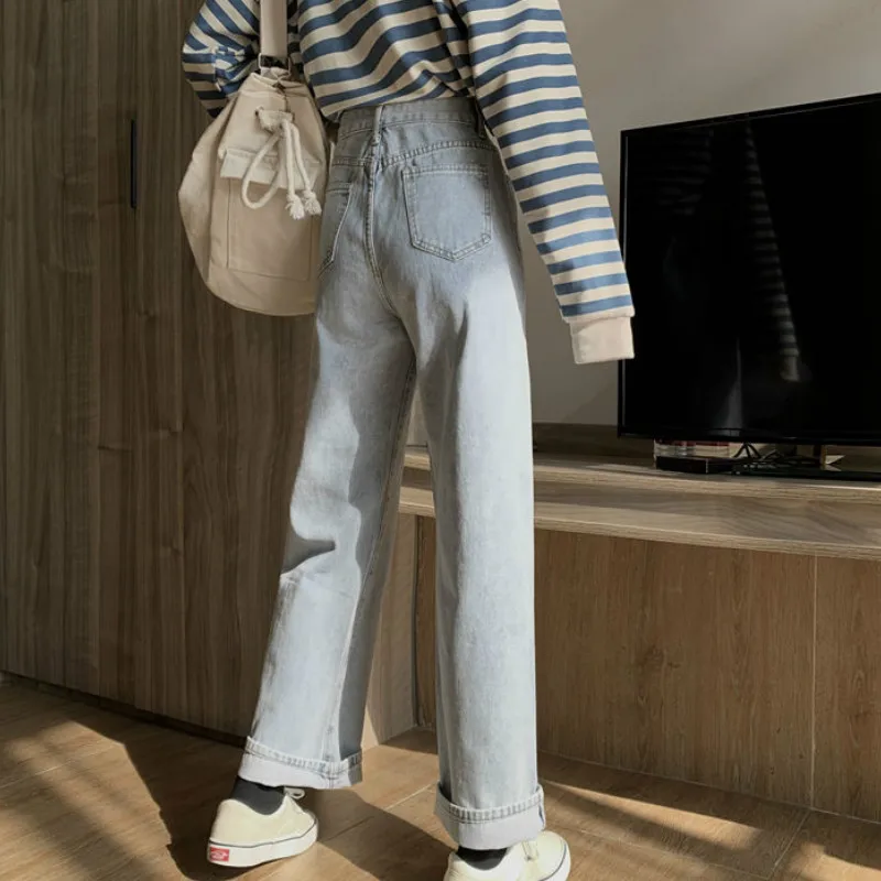 

Jeans Women Spring Light Blue Denim Chic High Waist Ulzzang Student Simple Popular All-match Full Trousers Kpop Female Daily New