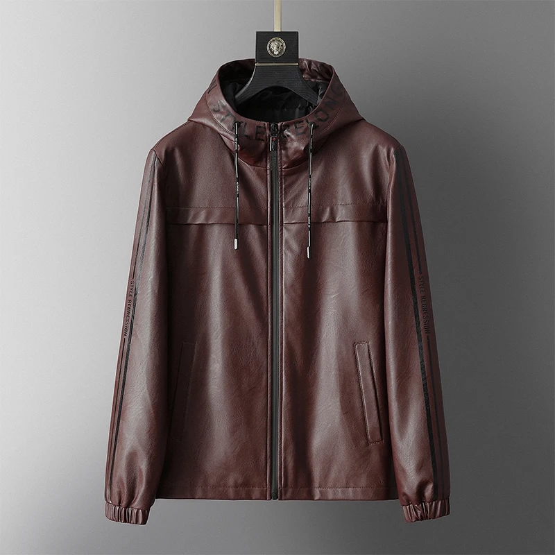 

Autumn Winter Leather Jacket Men's Slim Youth Hooded Leisure Motorcycle PU Leather Jacket
