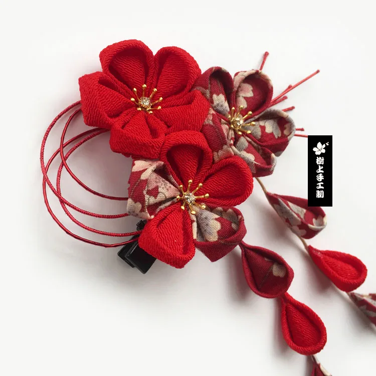 Japanese Style Handmade Hair Ornaments Sakura Tassel Red bride Headdress Costume Kimono Accessories Flower Hairpin Cosplay | Тематическая