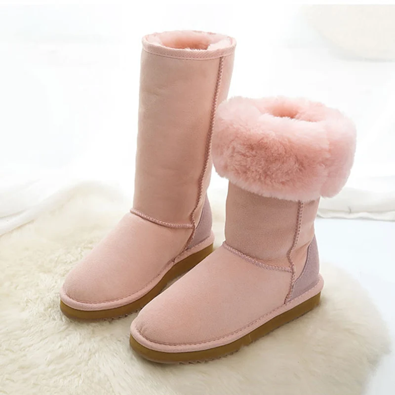 Pink Сапоги с высоким голенищем из натуральной овечьей кожи; теплые зимние сапоги наивысшего качества на натуральном меху; женские сапоги; нескользящие шерстяные зимние сапоги; - Цвет: Pink