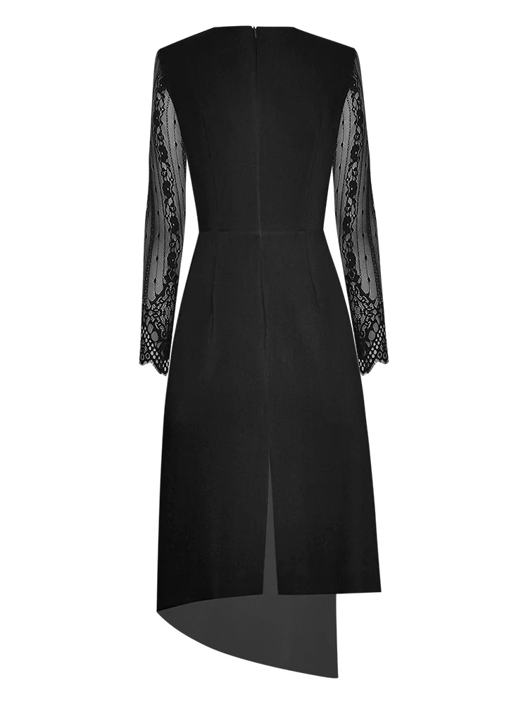 

PYJTRL Women's V-neck Lace Long sleeve Diamonds Asymmetrical Dresses