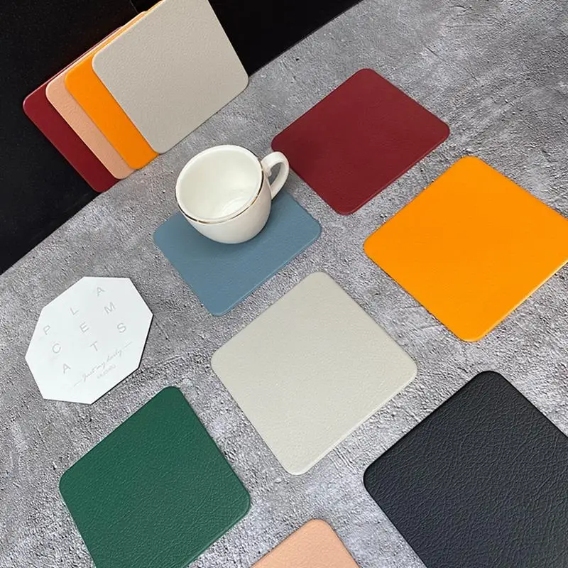 

4PCS/Set Faux Leather Placemat Tableware Pad Solid Color Square Resistant Heat Insulation Coaster Drink Mat Kitchen Set Supplies
