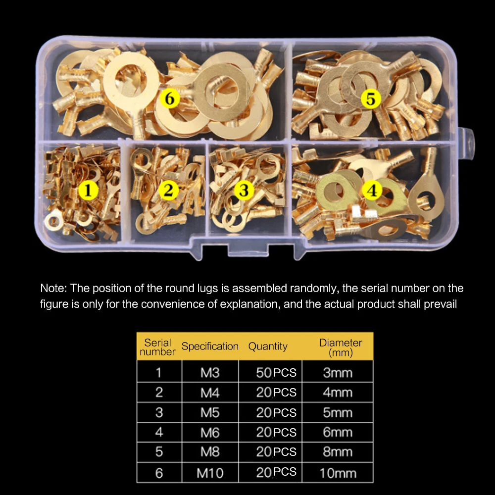 

150PCS Ring Eyes Copper Crimp Terminals Non-insulated Assortment Kit M3/M4/M5/M6/M8/M10