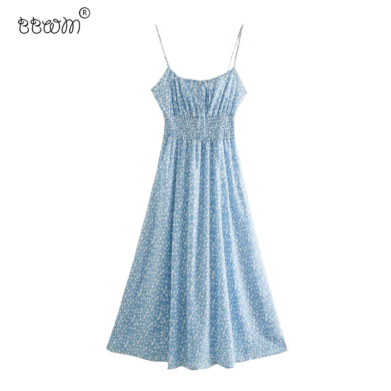 2020 Women Fashion Floral Print Pleated Midi Dress Vintage Sexy Backless Elastic Straps Dresses Female Chic Vestidos | Женская одежда