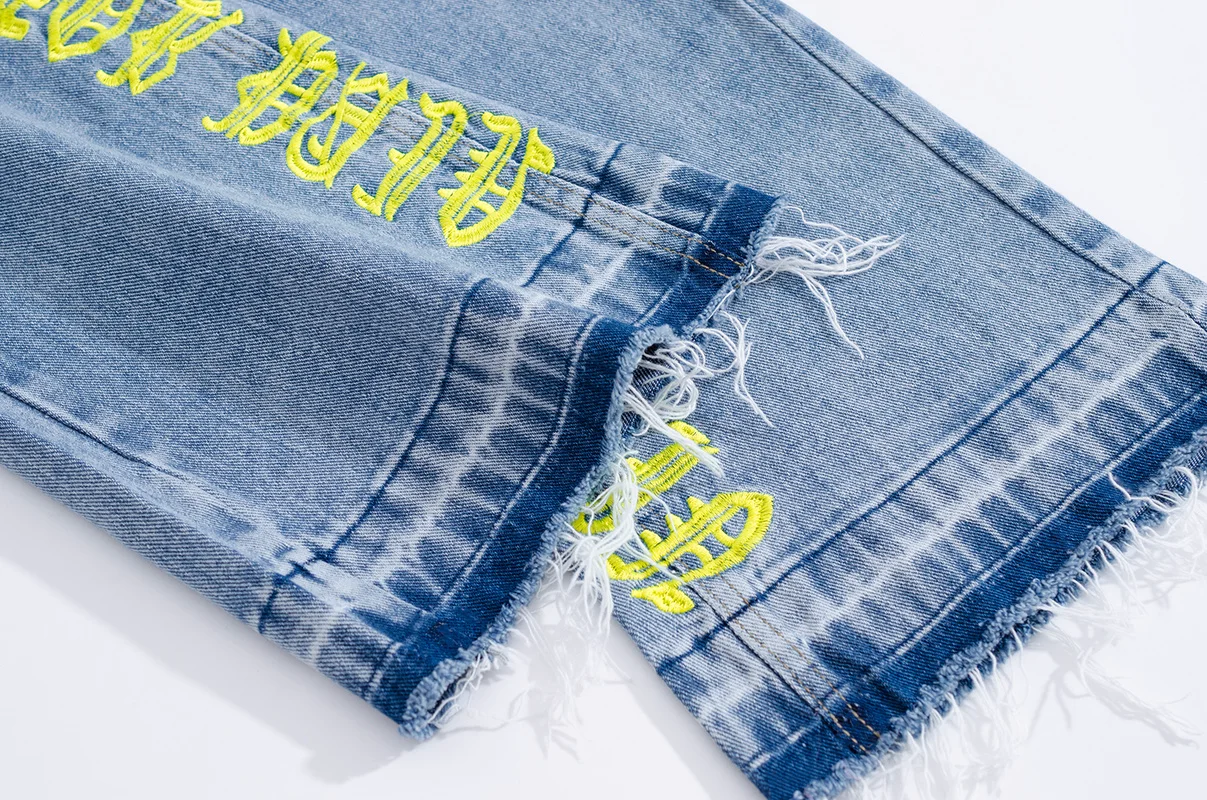Fashion Letters Embroidery Denim Flare Jeans Mens High Street Elastic Waist Straight Trouser Hip Hop Streetwear Pants Joggers