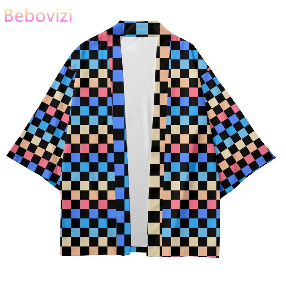 

Женское пляжное кимоно в шахматную клетку, синий кардиган, юката, хаори, одежда для женщин, размеры 4XL 6xl