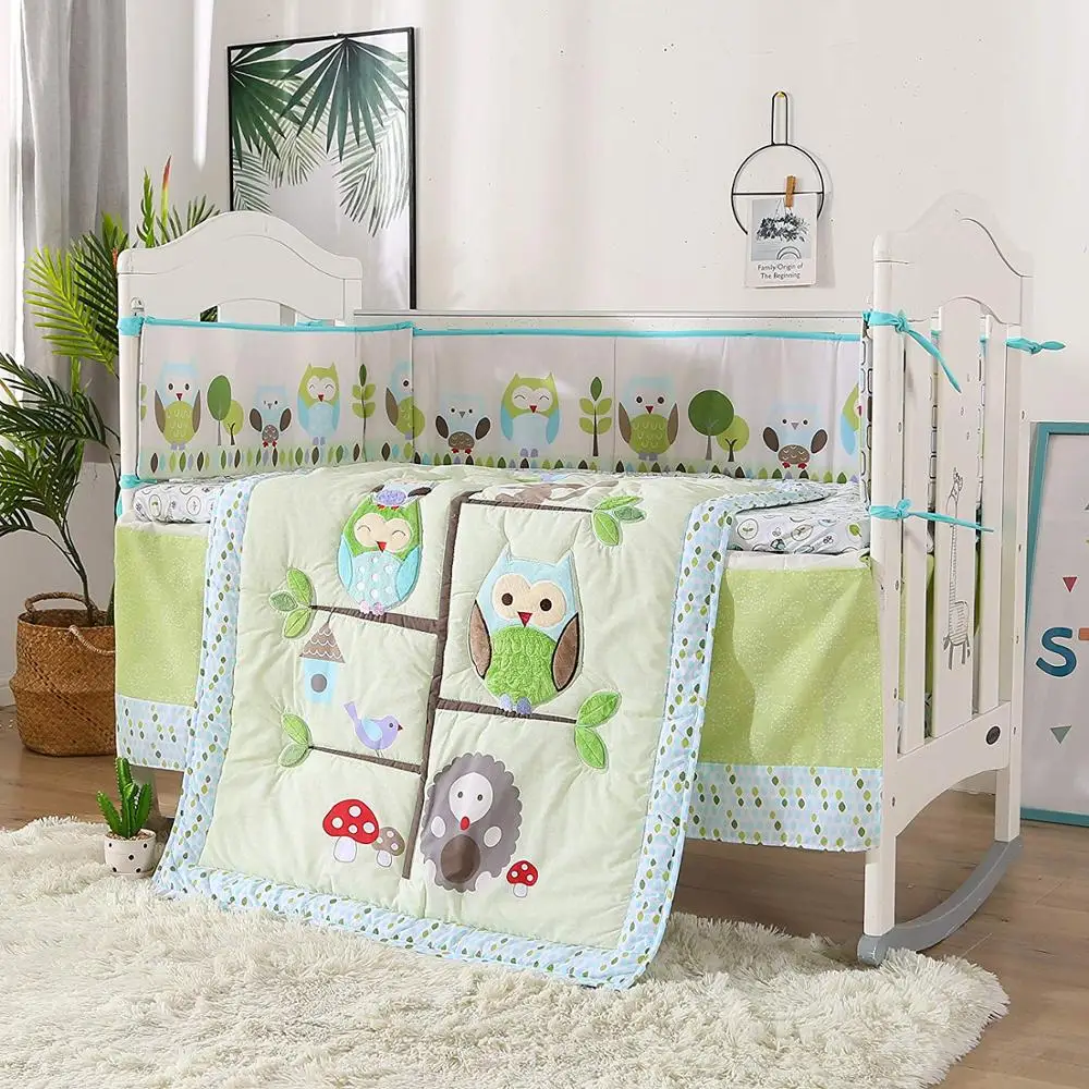 

7PCS Woodpecker cot crib quilt crib bedding baby cradle Room Decor crib bedding crib set (4bumper+duvet+bed cover+bed skirt)