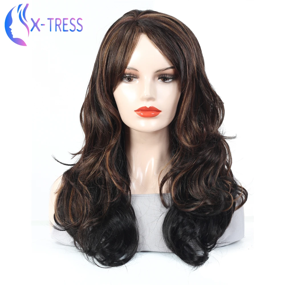 Длинные волнистые синтетические волосы с челкой Модный черный смешанный
