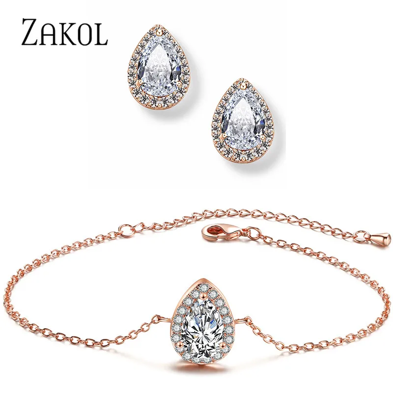 ZAKOL Классические Прозрачные Серьги капли с фианитом браслет кулон набор