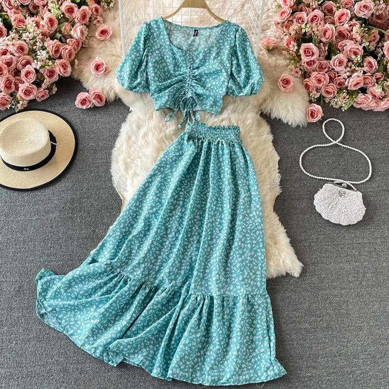 

Women Summer Bohemian Chiffon Floral Set Puff Sleeve V Neck Short Tops+High Waist A-line Maxi Skirts Two Piece Suits