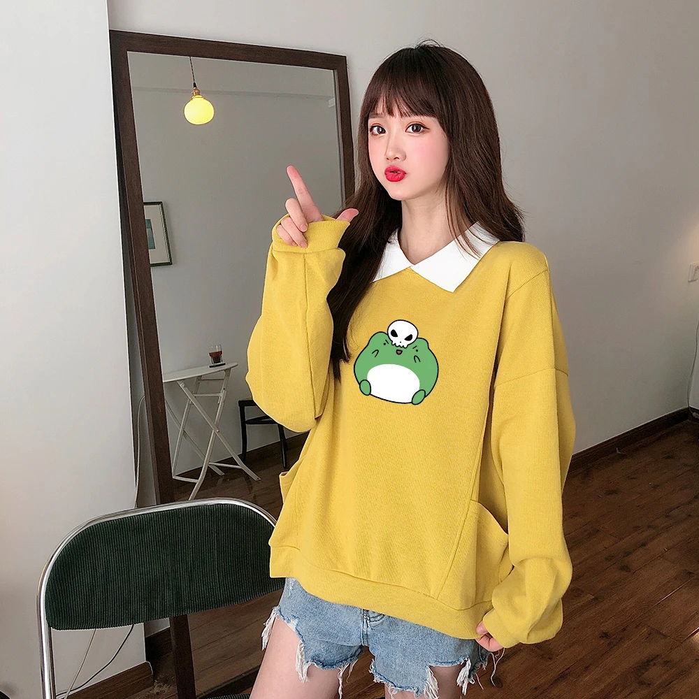 

Свитшот оверсайз с принтом лягушки, пуловер с капюшоном в Корейском стиле, Графитовая хлопковая одежда, топы с отложным воротником