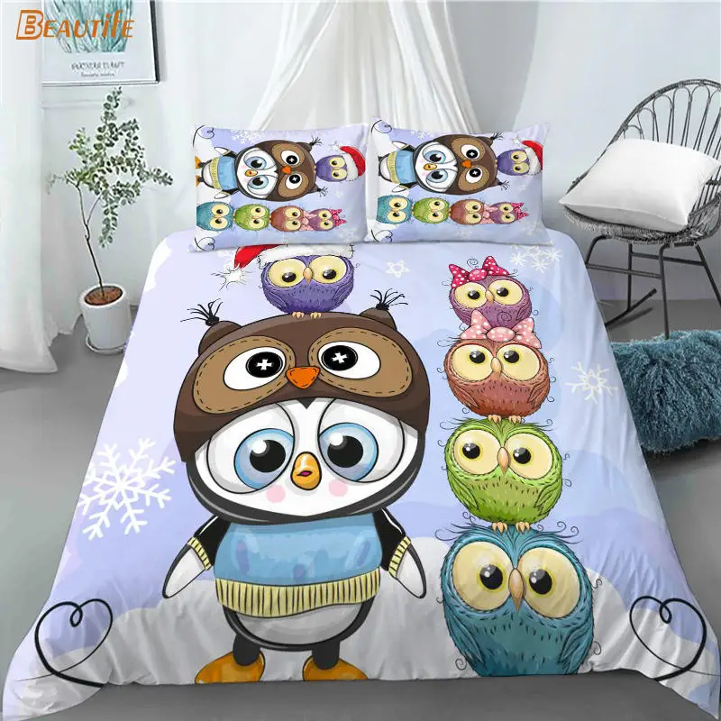 

3D Print Funny Owl Cartoon Bedding Set Duvet Cover Bedclothes 180X200CM 180X220CM Comforter Cover With Pillowcase For Kid Home