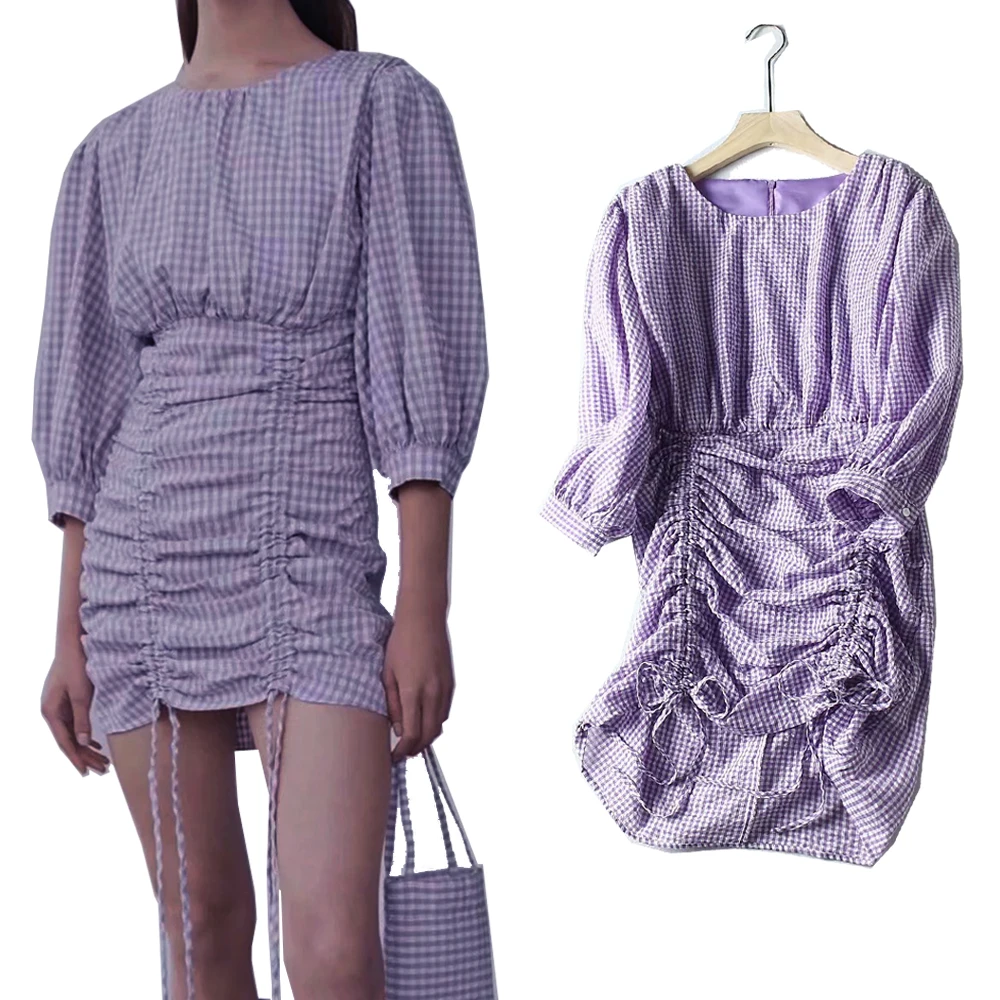 Фиолетовое сексуальное женское платье элегантное облегающее мини в клетку для