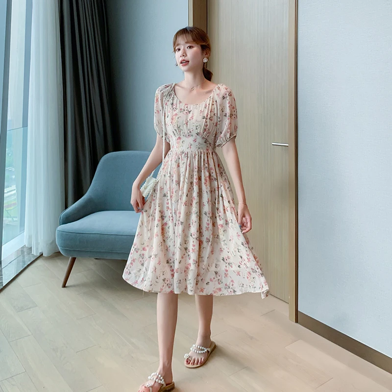 Шифоновое платье с коротким рукавом и цветочным принтом для девушек милое летнее