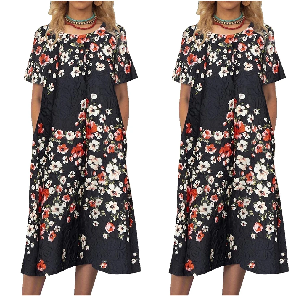 

Print Casual Round Neck Retro Floral Dress with Half Sleeve Ladies Dress 2021 Summer New Casual Style Loose Dress for Female