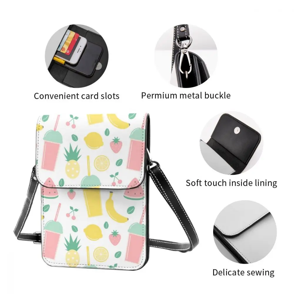 

Women Messenger Shoulder Straps Bag Cute Smoothies And Fresh Fruits Card Holders Cell phone Pocket Handbag Ladies Phone Purse