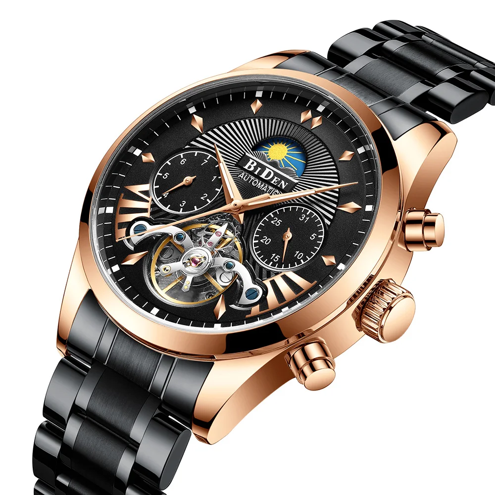 Мужские часы автоматические механические мужские золотые черные деловые