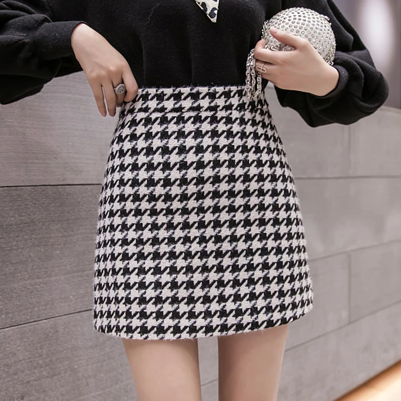 

В винтажном стиле; С рисунком «гусиные лапки» шерстяные юбки для женщин женские осень-зима с высокой талией юбки в клетку в стиле Харадзюку ...