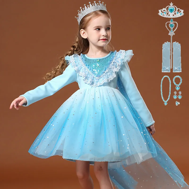 Blue Gradient Color Elsa Dress For Kids Princess Fancy Outfits New Cartoon Movie Role Costumes Halloween Christmas Party Sets | Детская