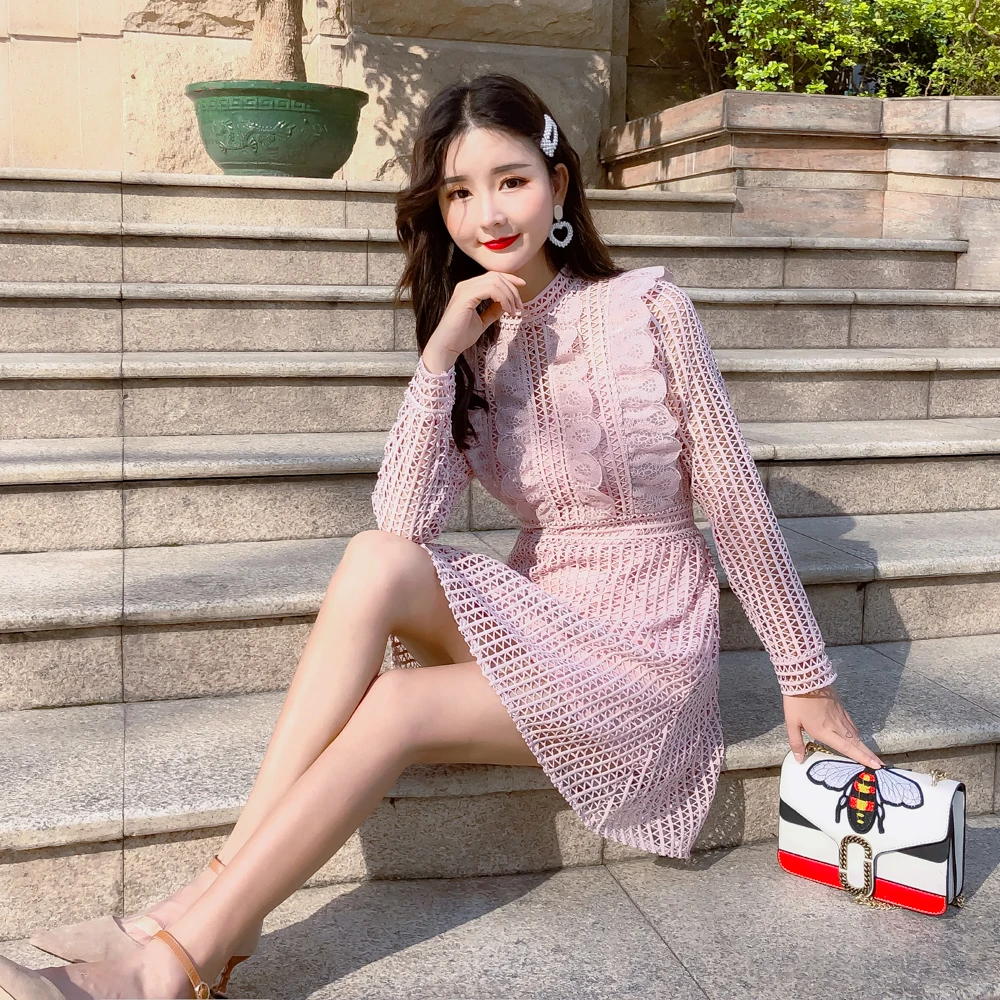 MUMUZI 2020 весеннее платье женское кружевное с длинным рукавом большой размер M-XL