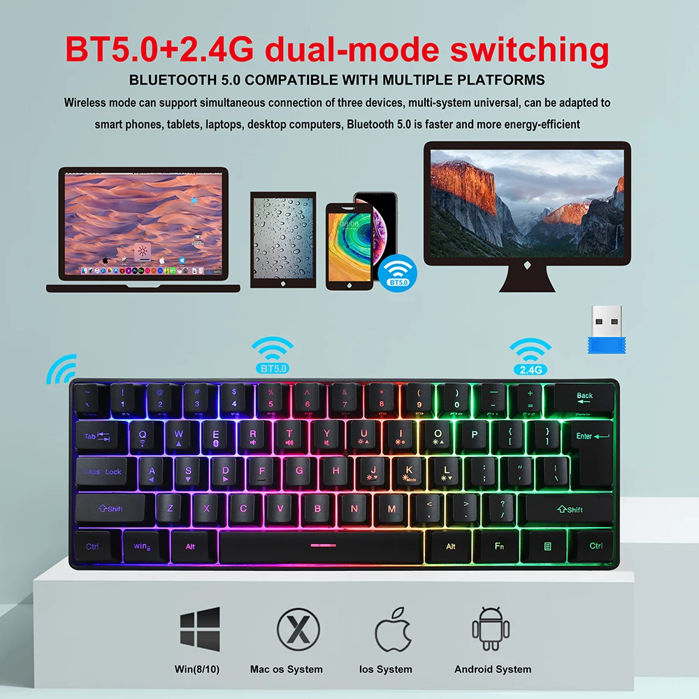 

Bluetooth 5,0 и 2,4G Беспроводная клавиатура RGB клавиатура с подсветкой 61 клавиатура мини USB клавиатура для ноутбука ПК Bluetooth клавиатуры