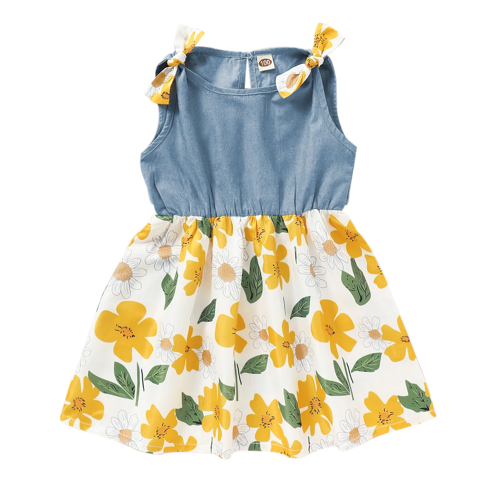 

Toddler Girl Summer Siamese Dress, Sleeveless Bowknot Denim Tops Floral Tutu Skirts