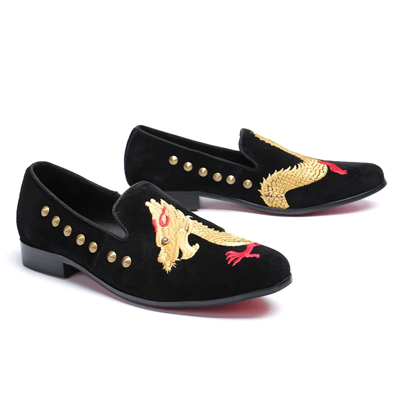 

Luxury Dragon embroidery Real Leather Dress Shoes Elegent Italian Black Casual Shoes Rivets Studded Soft Mens Loafers Moccasins