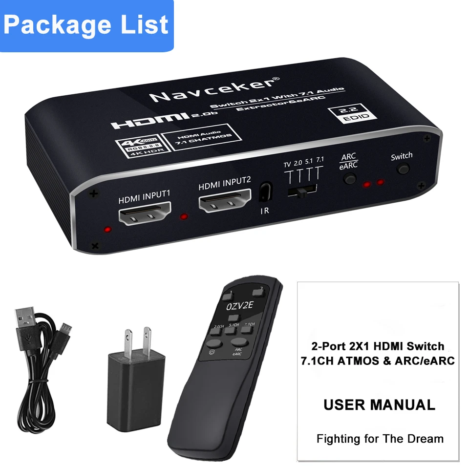 2x1 4K HDMI переключатель eARC аудио экстрактор с дуговой и оптической Toslink 2 0 60Hz